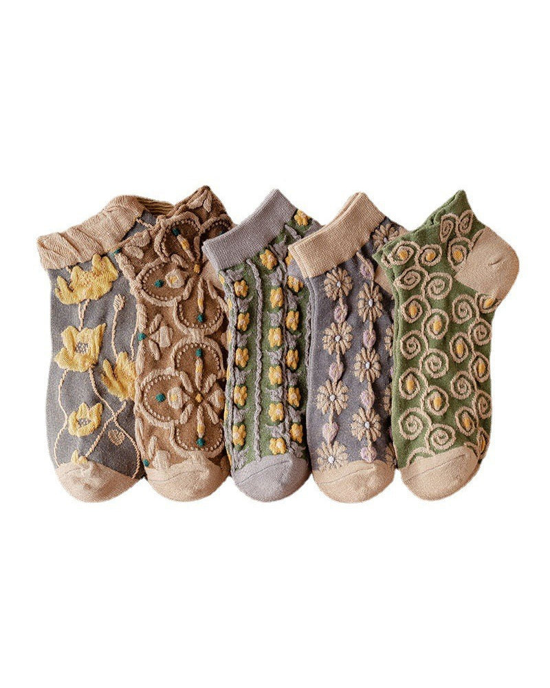 Chaussettes en coton à motif floral en relief pour femmes
