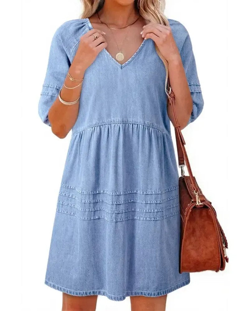 Robes Denim Col V Manche Bouffante