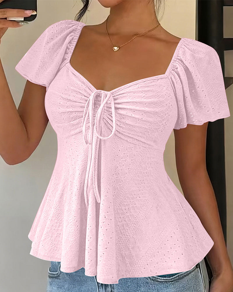 Blouse Ajourée Cordon Manches Courtes Unie
