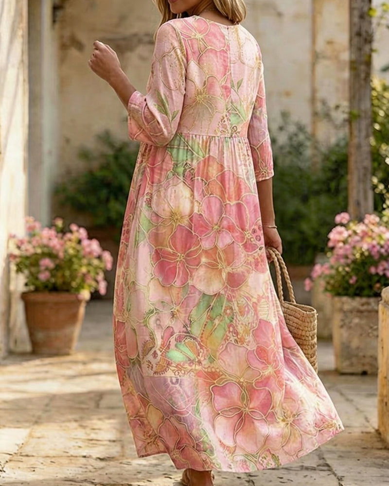 Robe Aquarelle Florale Manche Trois Quarts Jupe Ample Maxi