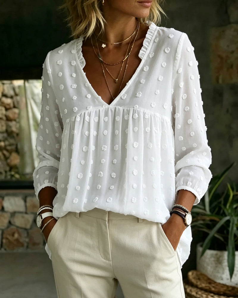 Blouse Col V Manche Longue Plissée