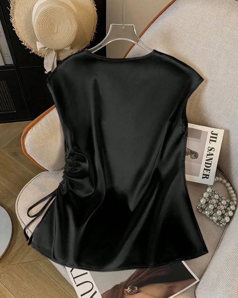 Blouse Sans Manches Col V À Cordon