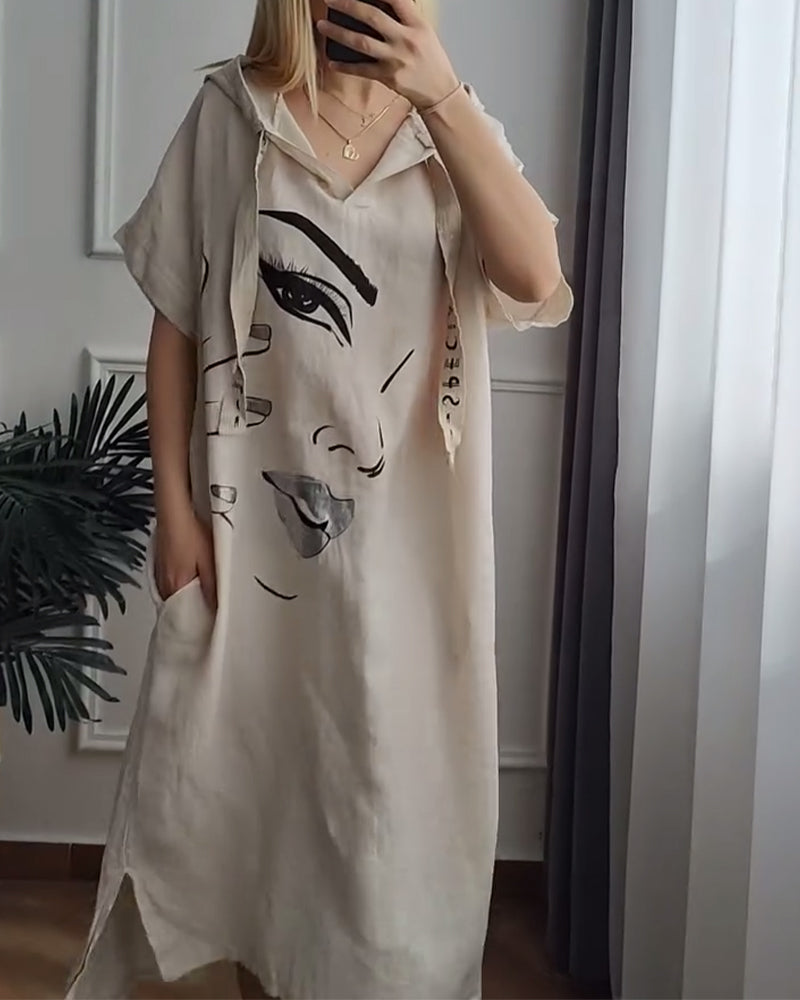 Robe à Capuche Imprimée Coupe Ample