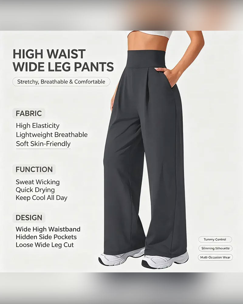 Pantalon Taille Haute Poche Uni Jambe Large