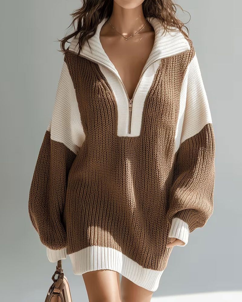 Robe Pull Revers Fermeture Éclair Contraste