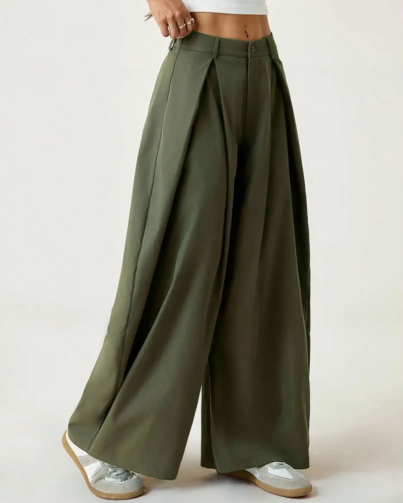 Pantalon Taille Haute Plissé Jambe Large