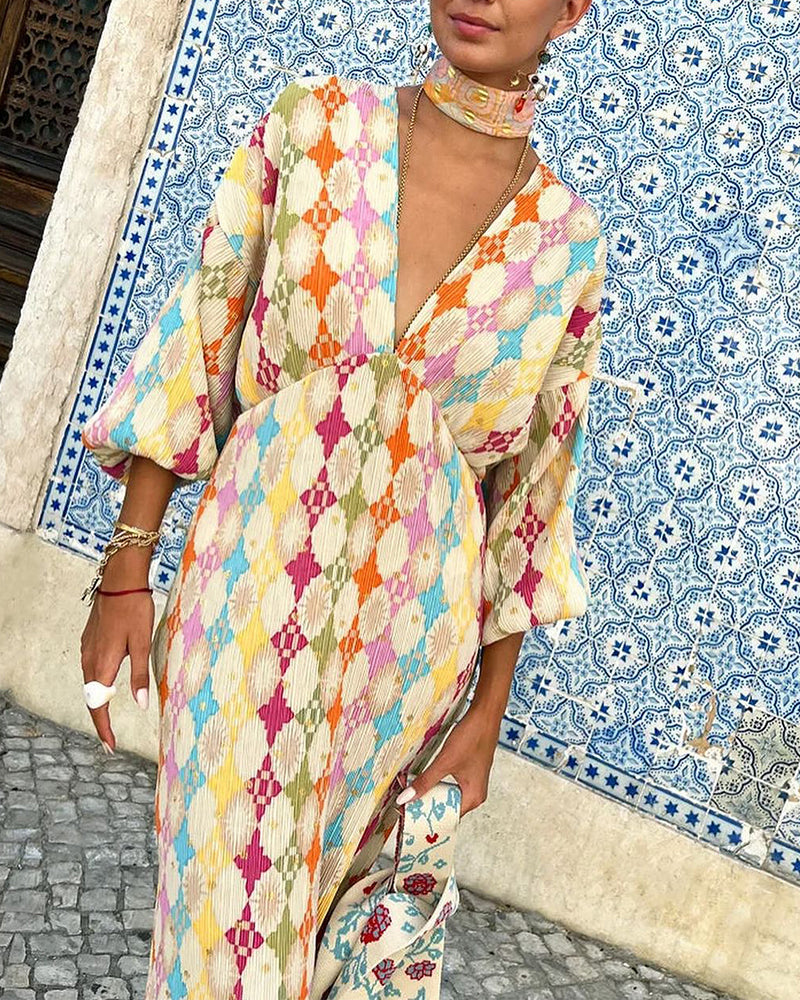 Robe élégante à imprimé géométrique, col en V, manches lanternes