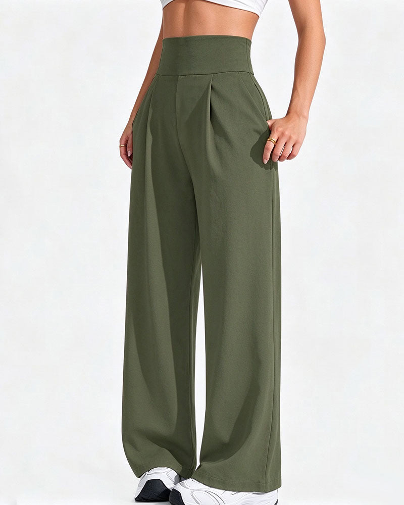 Pantalon Taille Haute Poche Uni Jambe Large