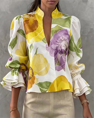 Blouse À Col Montant À Manches Longues À Grands Fleurs Aquarelle
