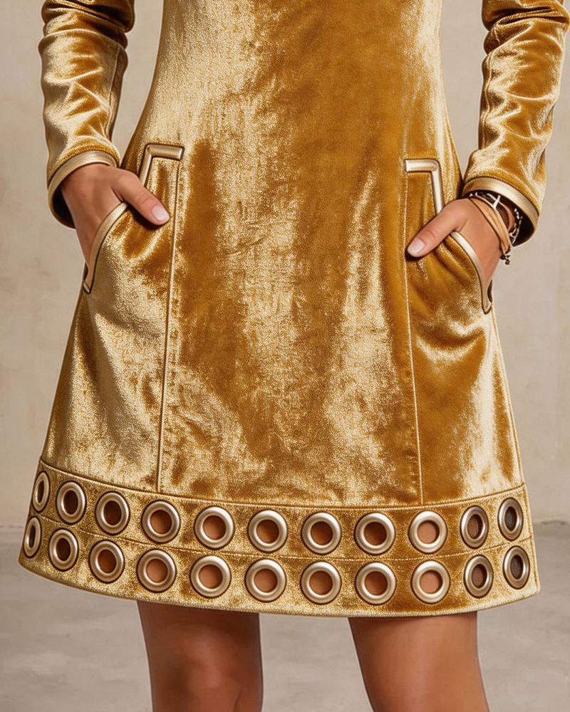 Robe Col Revers Fermeture Éclair Poche Anneau Métallique