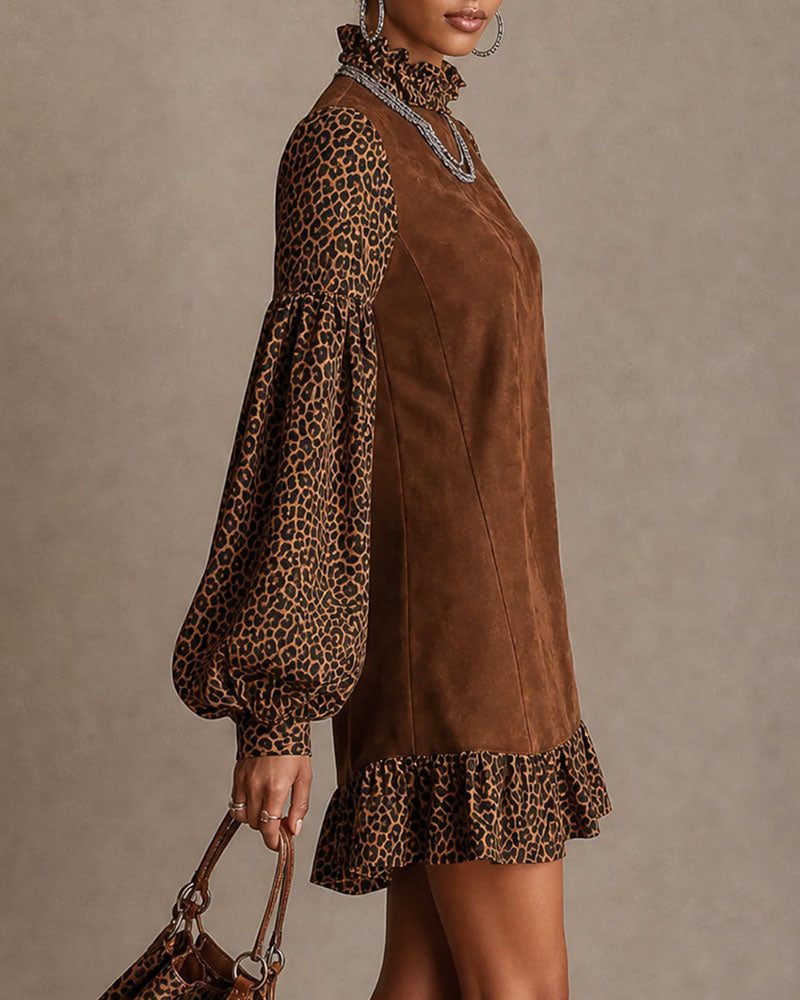Robe Léopard Imprimé Manche Lanterne Volant Droit Mini