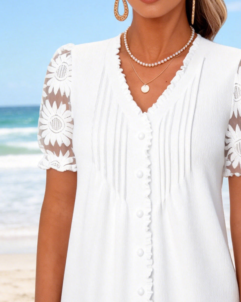 T-Shirt Col V Bouton Plissé Dentelle Patchwork