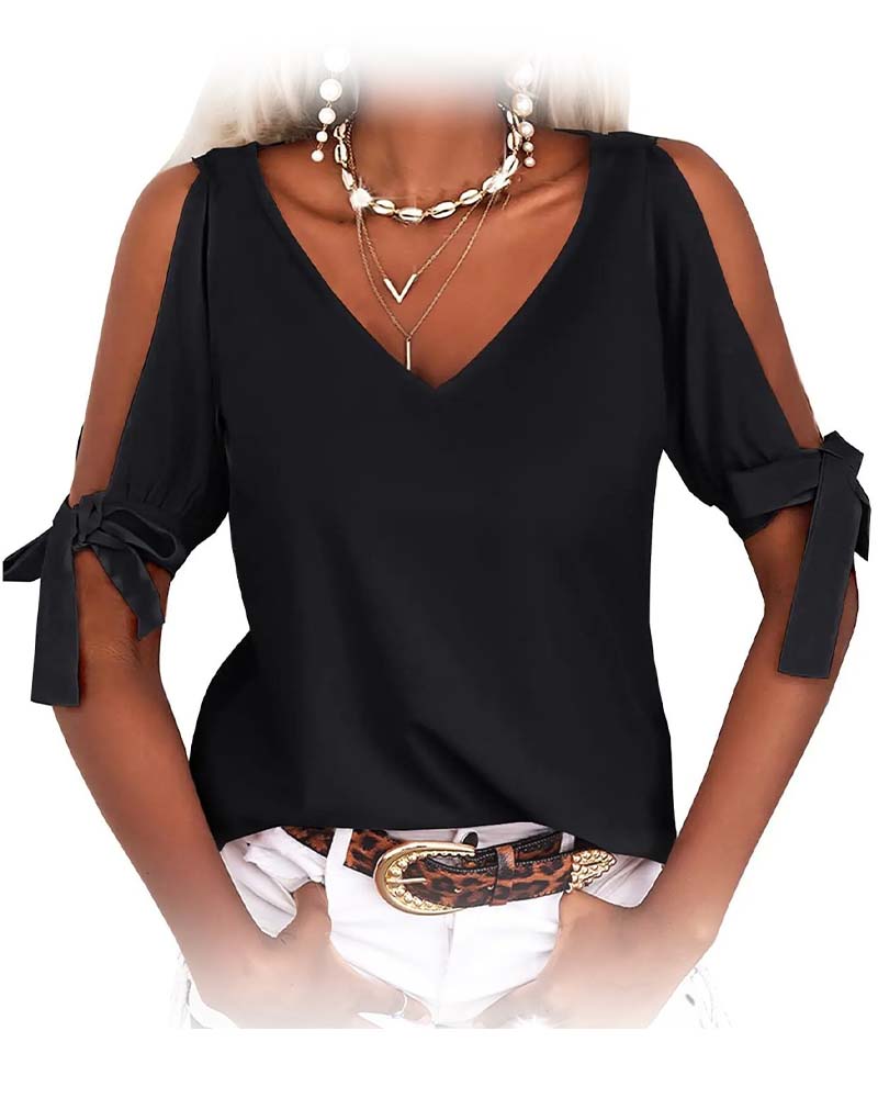 Blouse Col En V Cold Shoulder Nœud Papillon Unie