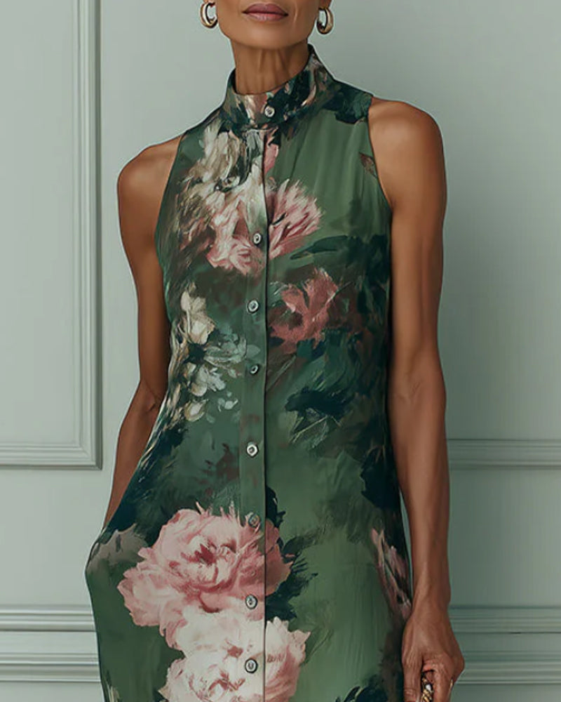 Robe Sans Manches Florale Col Montant Chemise