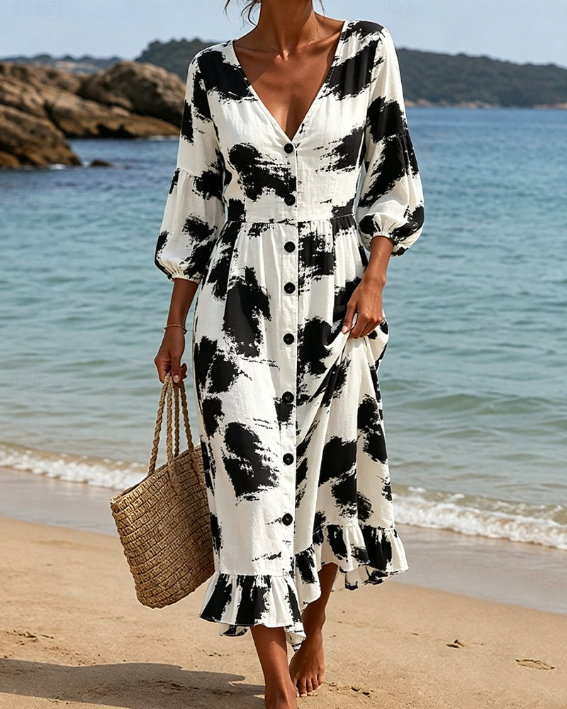 Robe Col V Bouton Bloc De Couleur