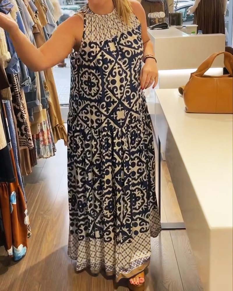 Robe Sans Manches Col Rond Froncée Jupe Ample