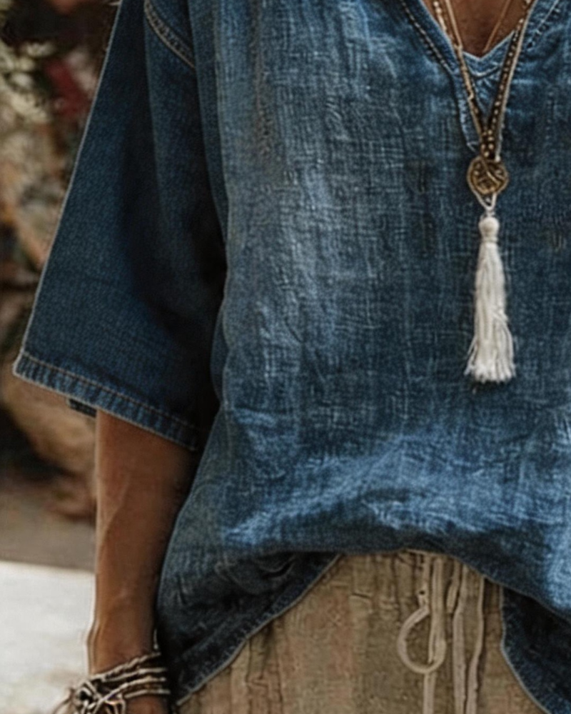 Haut Col V Denim Demi Manche