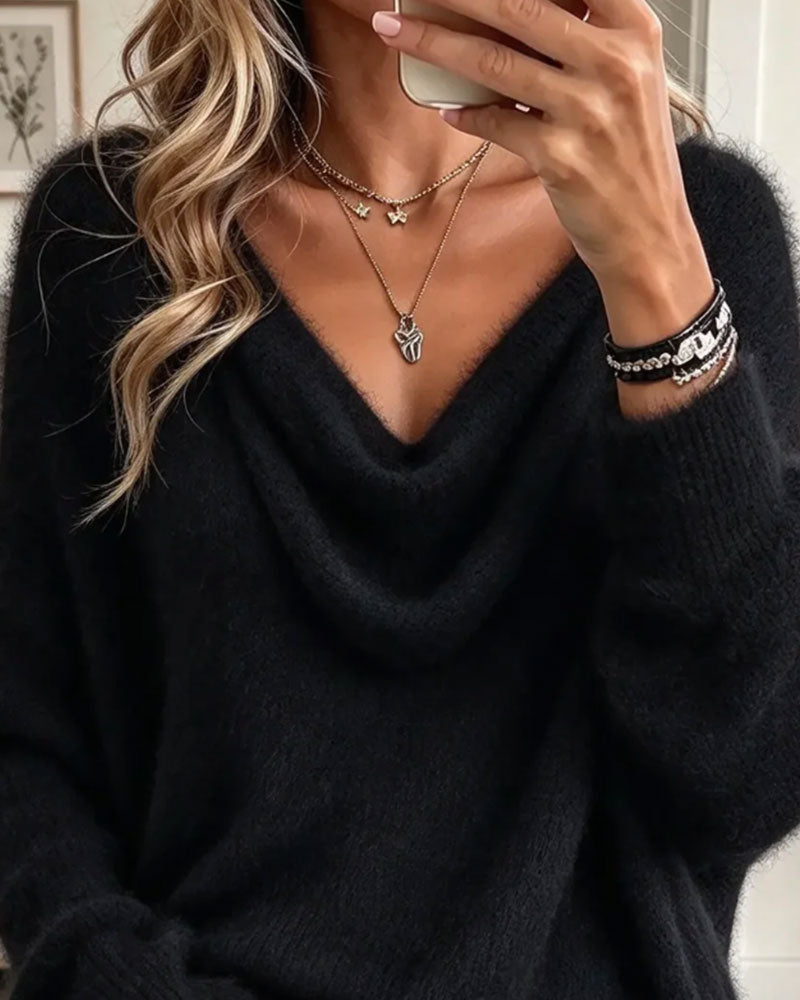 Pullover Col Drapé Franges Peluche Loose