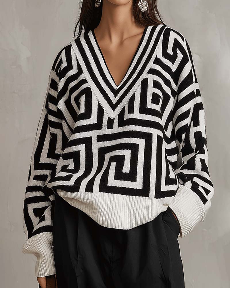 Pulls Motif Géométrique Col En V Tricotés