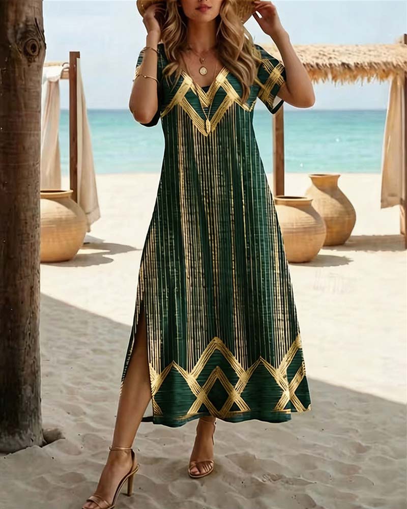 Robe Col V Imprimé Vacances Maxi