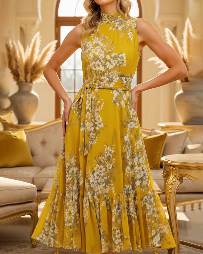 Robe Col Mock Sans Manches Cintrée Florale