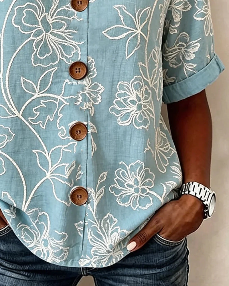 Blouse Col V Imprimé Pivoine Bouton