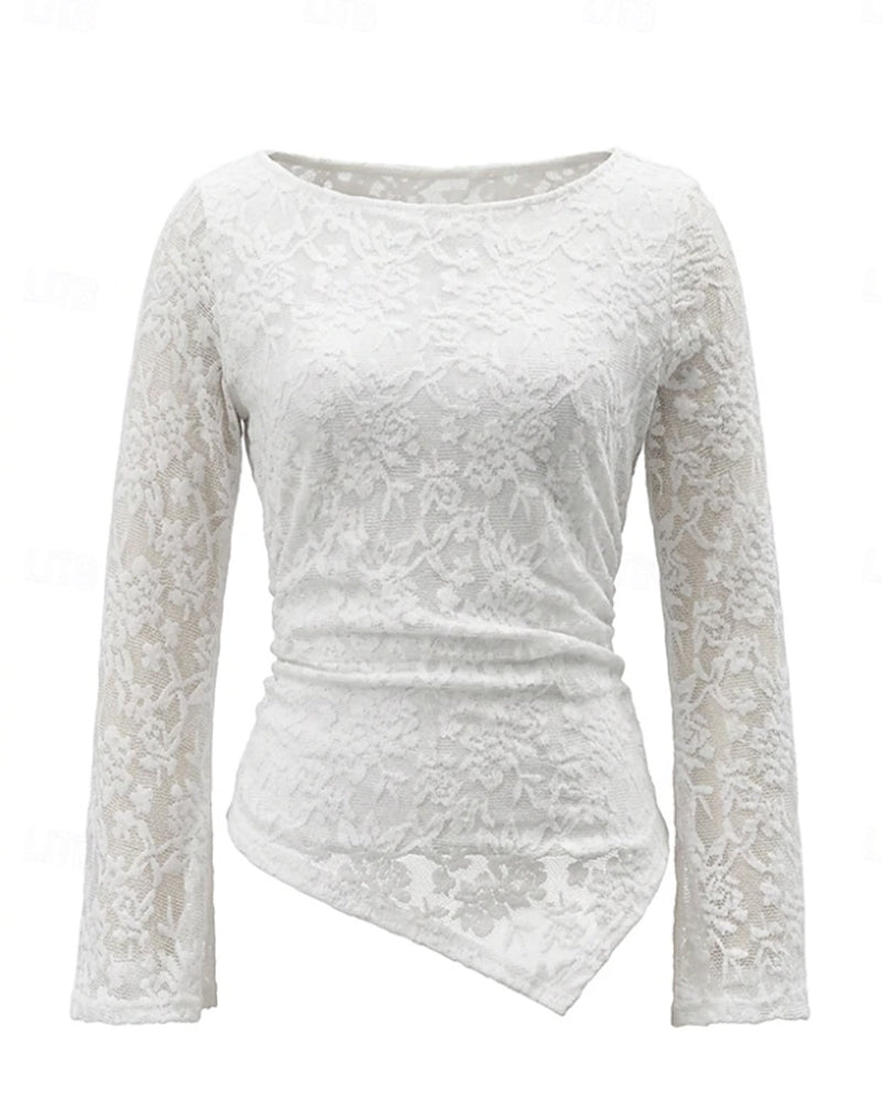 Blouse Col Rond Dentelle Panneau Asymétrique
