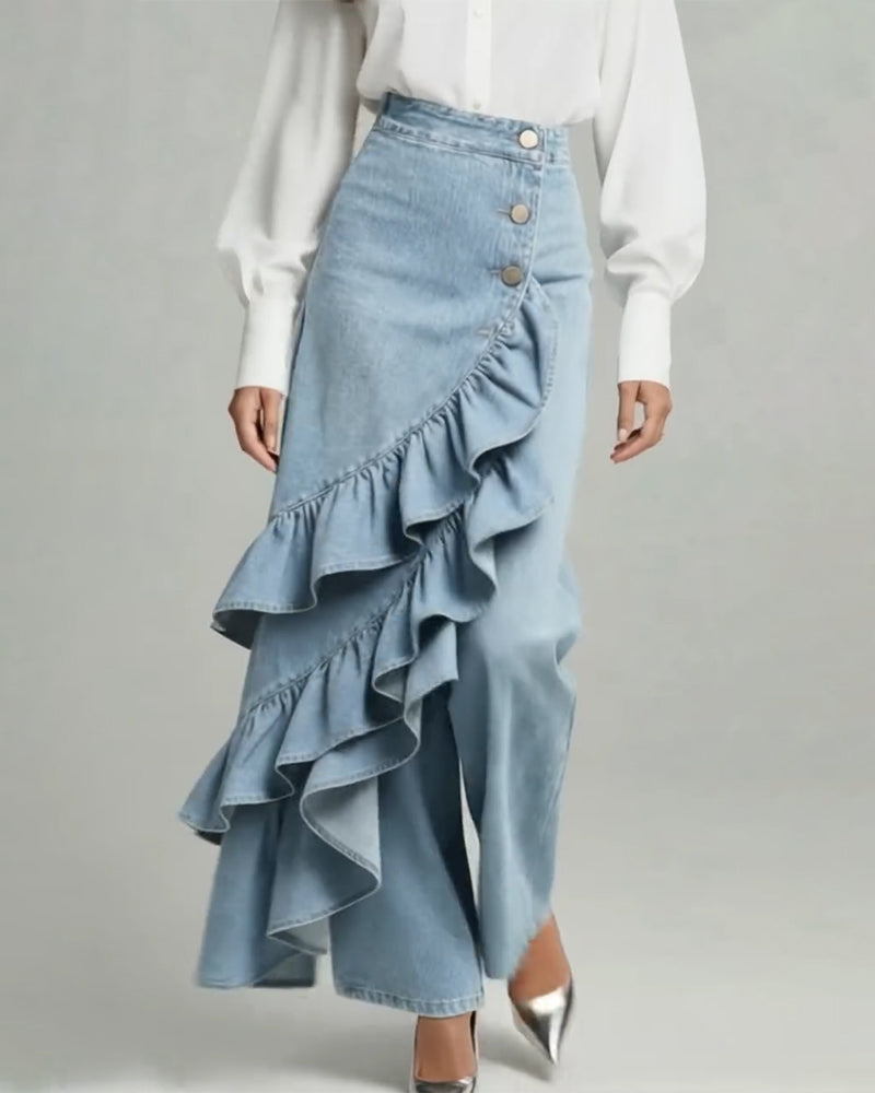 Pantalon En Denim Tendance Bord Volanté