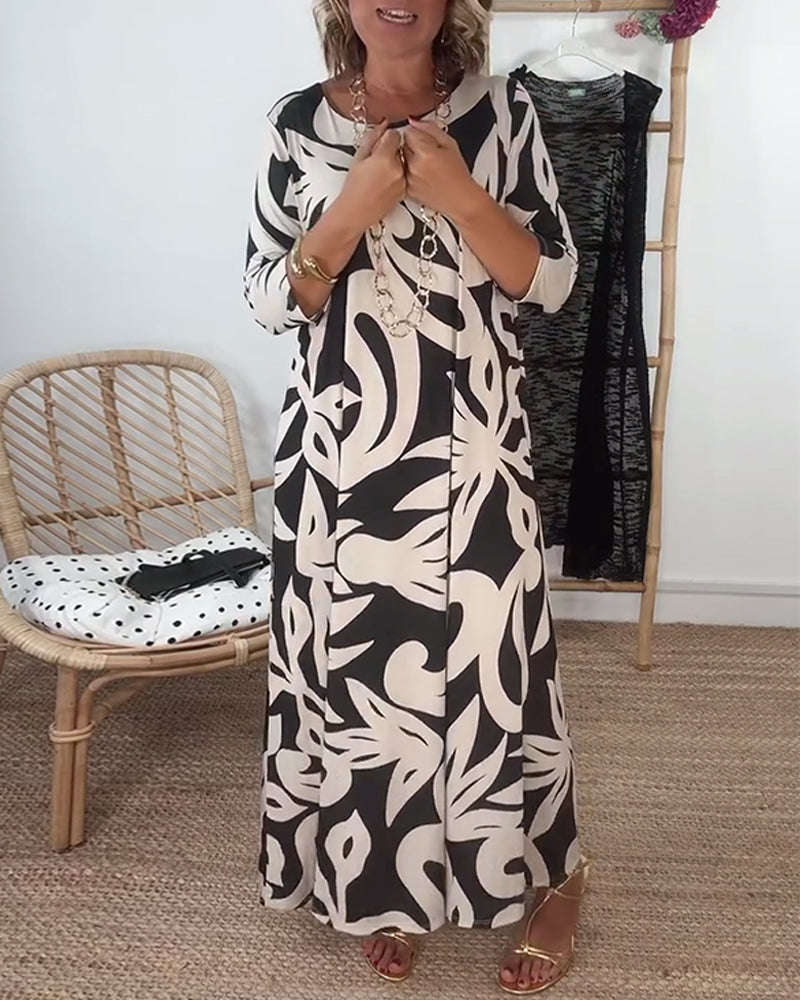 Robe À Col Rond Et Manches Longues Imprimée