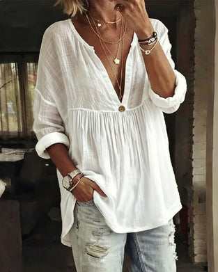 Blouse Encolure V Demi Patte De Boutonnage Manche Longue