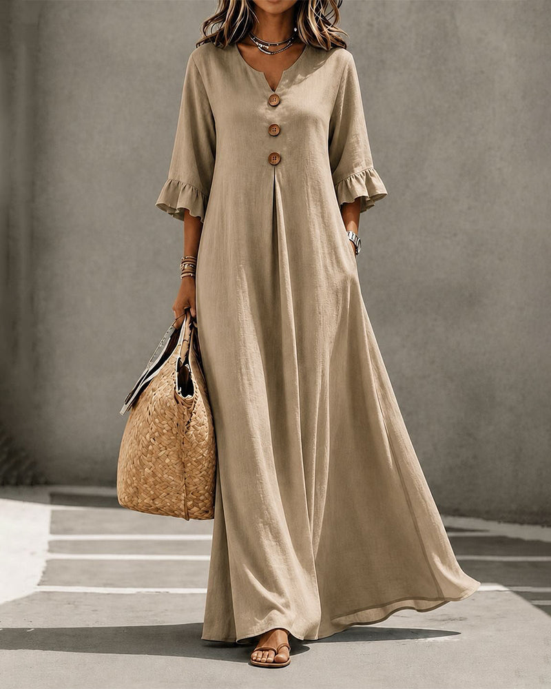 Robe Col En V Bouton Volant Jupe Ample