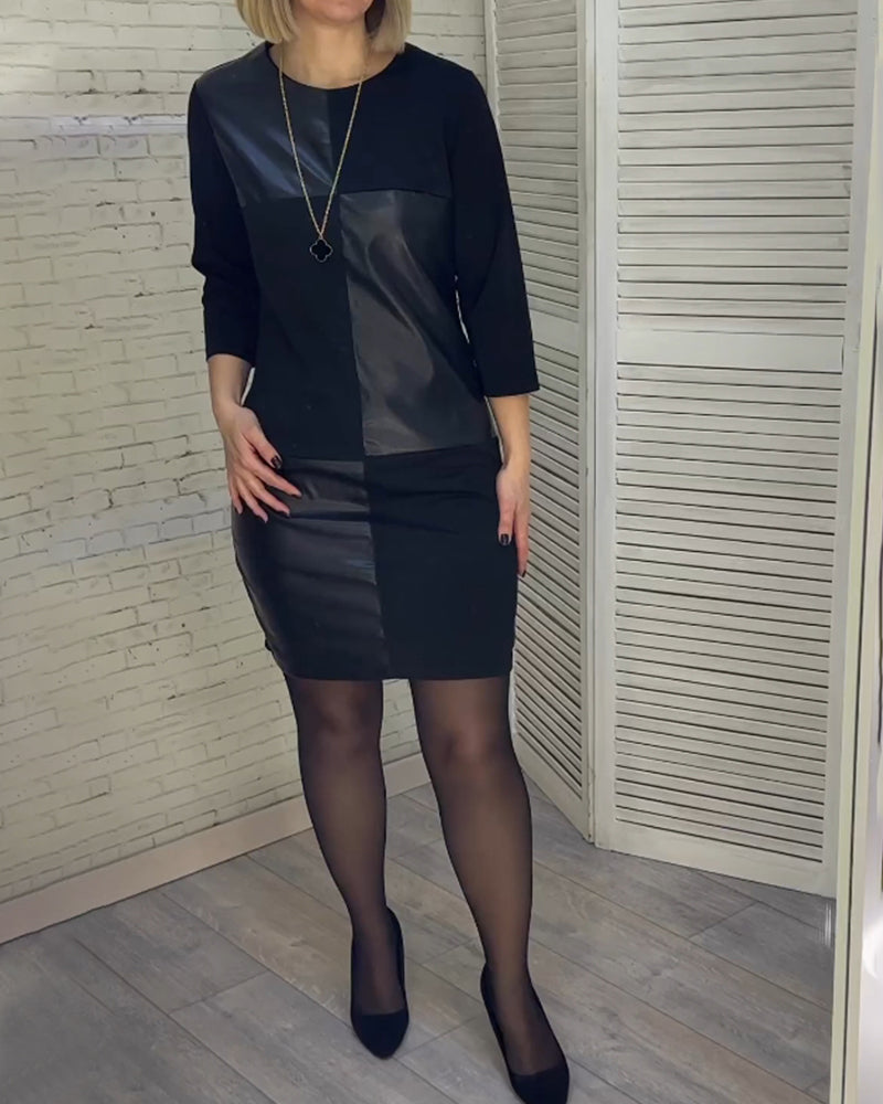 Robe col rond patchwork en cuir PU