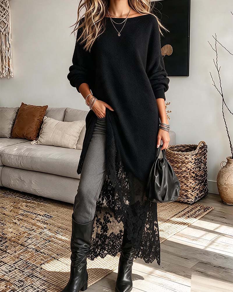 Robe Décontractée Dentelle Patchwork Uni