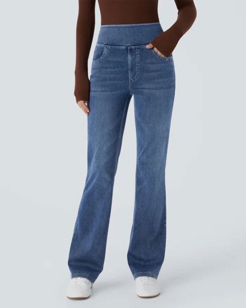 Pantalon Taille Haute Denim Poche Évasé