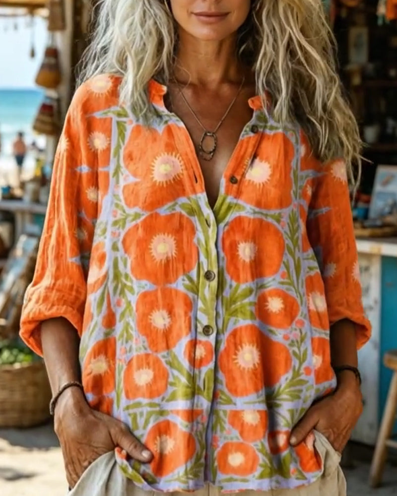 Chemise Col Montant Boutonnage Vintage Fleuri