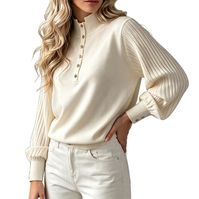 Pullover Col Roulé Bouton Côtelé Manches Bouffantes Pull