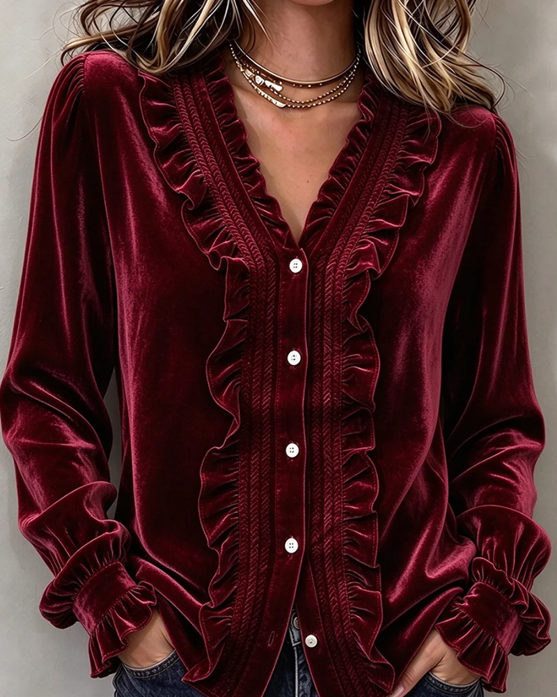 Blouse Velvet Ruffle-Trim V-Neck Manches Longues