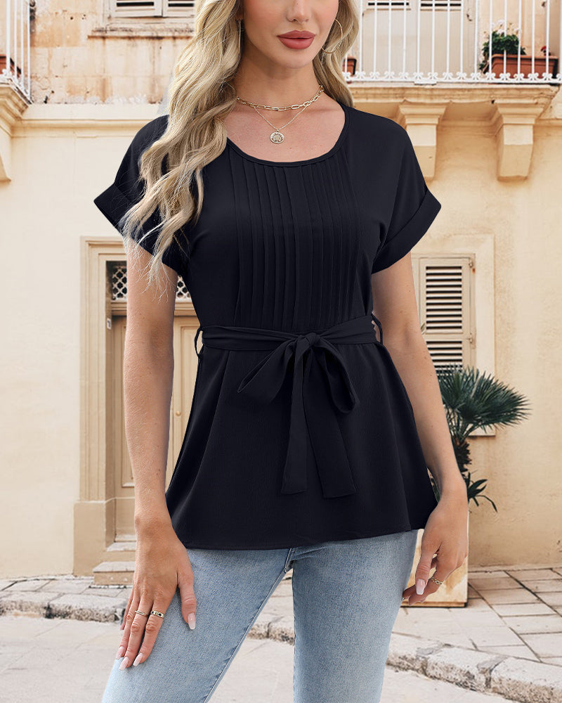 Blouse Plissée Col Rond Unie Avec Nœud