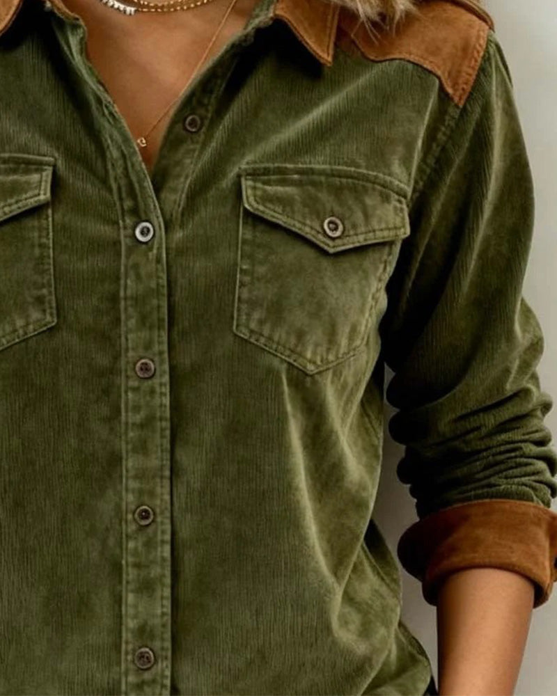 Chemise Élégante Velours Côtelé Bloc De Couleur