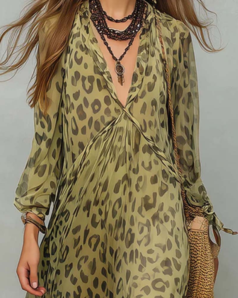 Robe Col En V Manches Longues Léopard Maxi