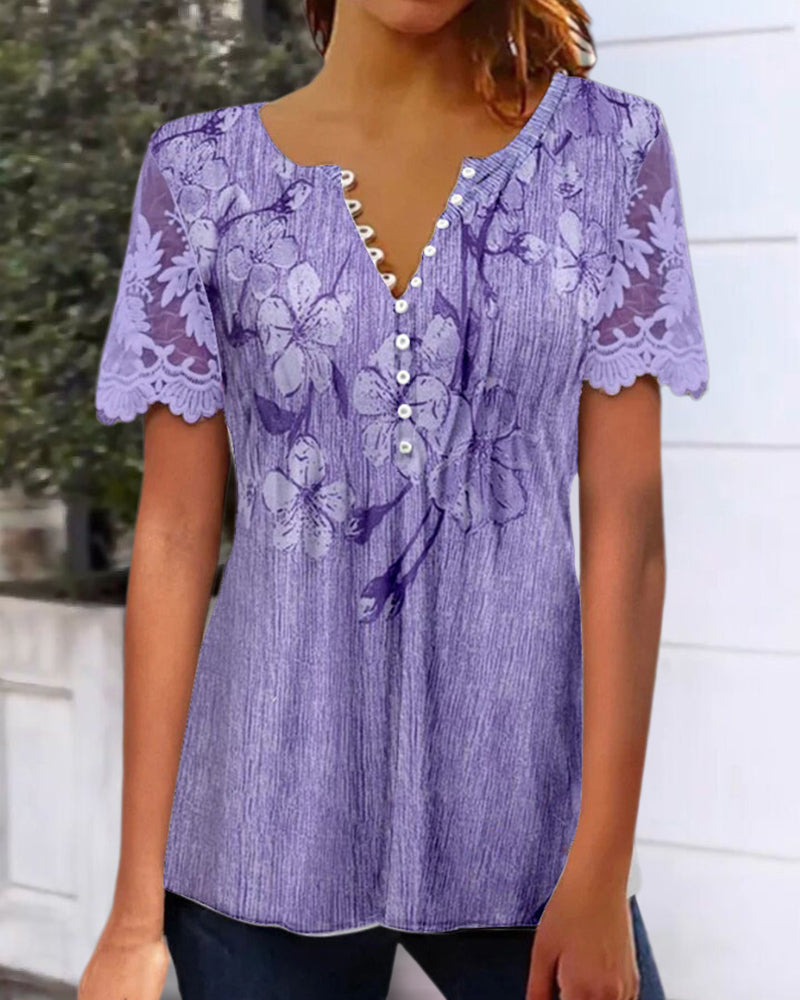 Blouse à Empiècement En Dentelle Col Rond Imprimée