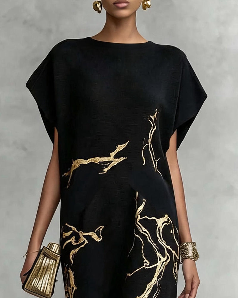 Robe Chauve-Souris Manches Courtes Col Rond Imprimé Longue