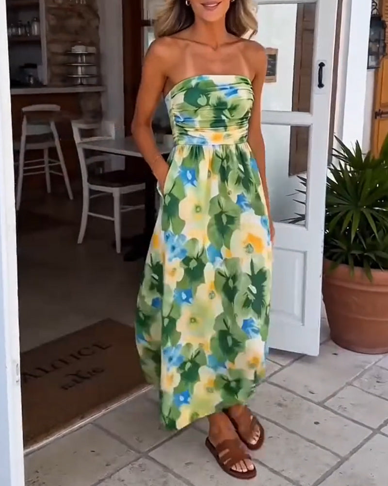 Robe Florale Sans Bretelles Taille A-Ligne