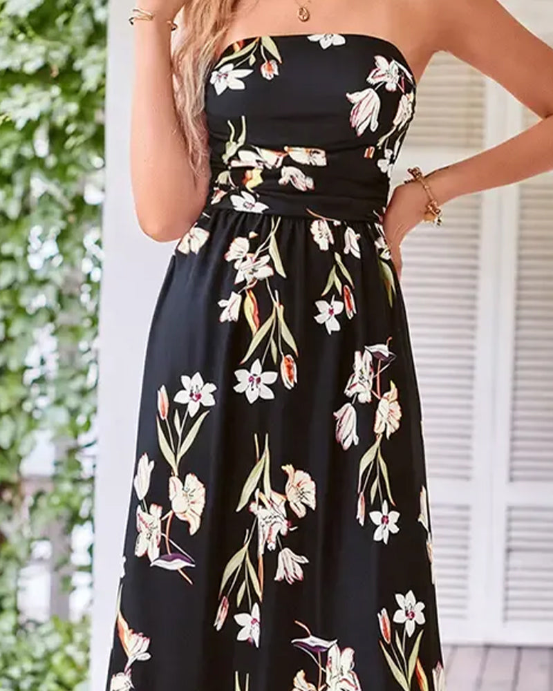 Robe Florale Sans Bretelles Taille A-Ligne