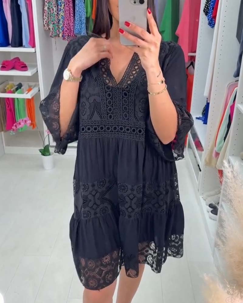 Robe élégante à col en V en dentelle de couleur unie