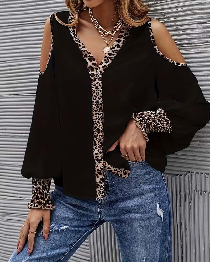 Blouse Hors Épaule Léopard Patchwork Manches Longues