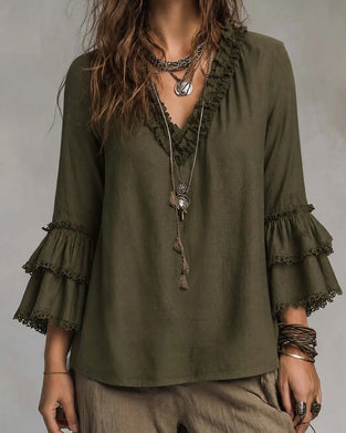 Blouse Col En V Manche Deux Niveaux Volant