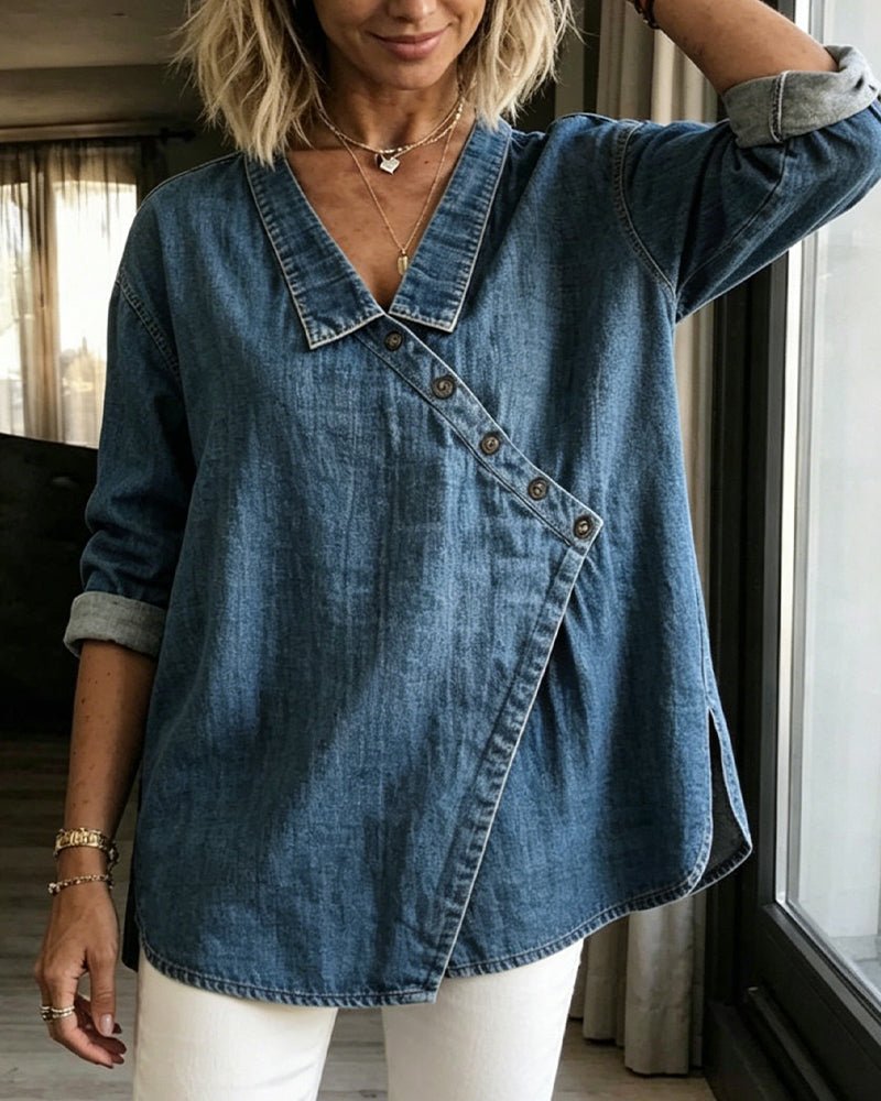 Blouse Unie Bouton Diagonal Col Manches Longues
