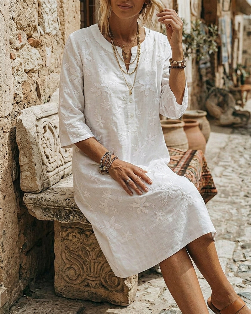 Robes Col Rond Bouton Broderie Ample