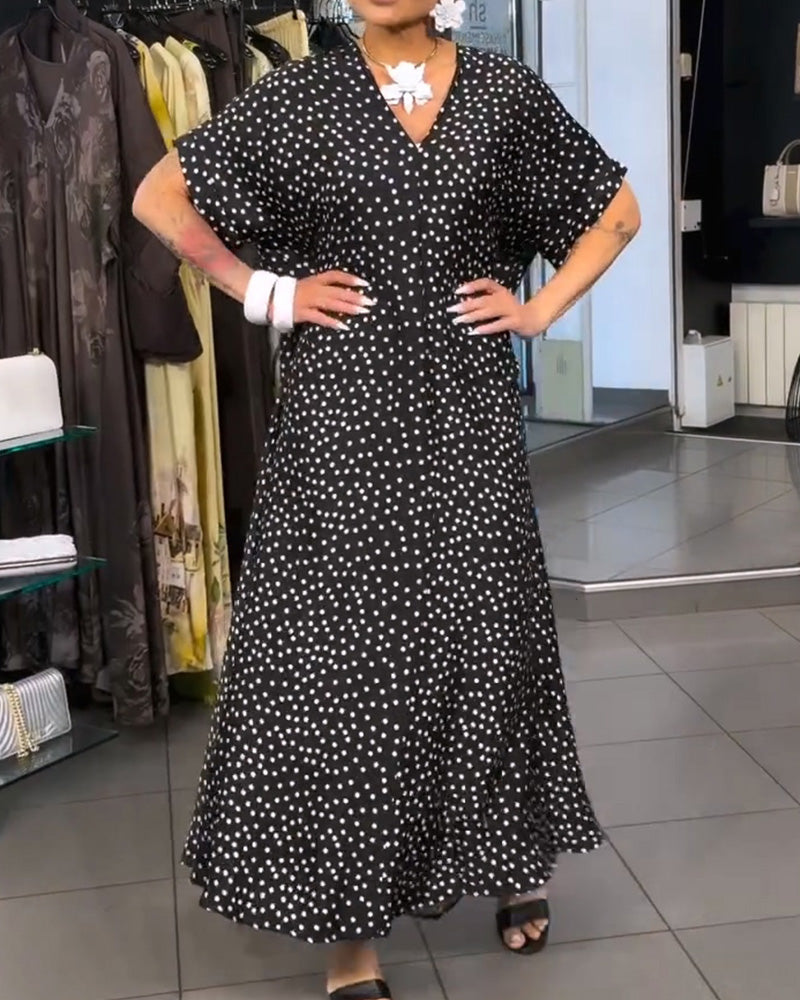 Robe Col-V Pois Ample Évasée
